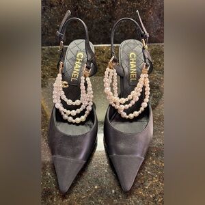 CHANEL Black Satin Heels with Pearl Accents